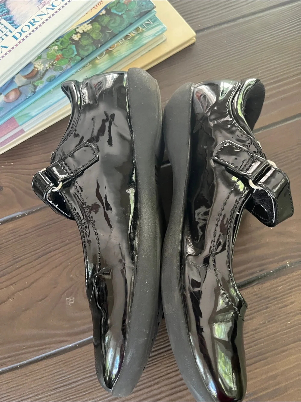 French Toast Black Patent Mary Janes with Plaid Insole